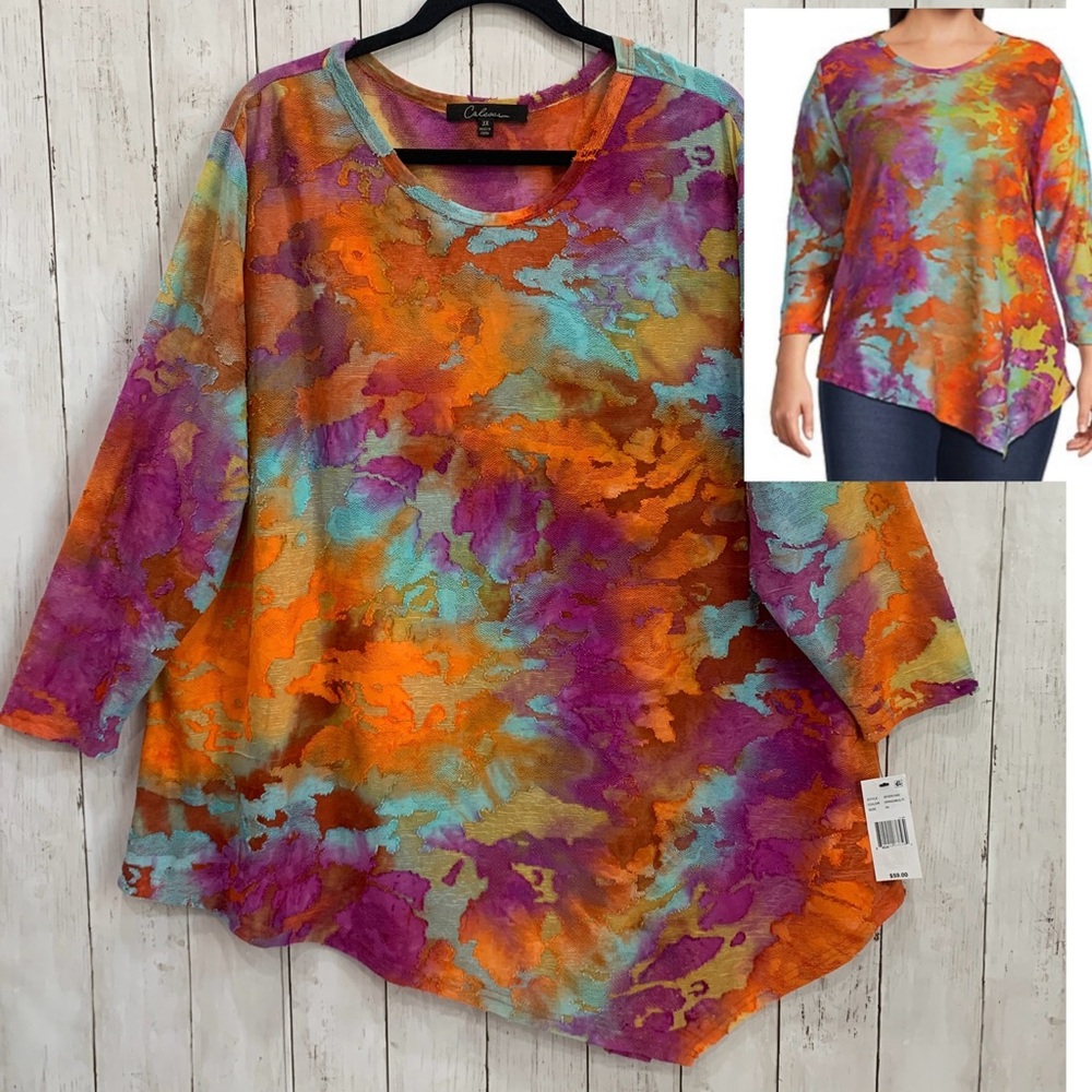 Calessa 3X  Burnout Tie-Dye Crew Neck Asymmetrical Hem Tunic 3/4 Sleeve Top NWT